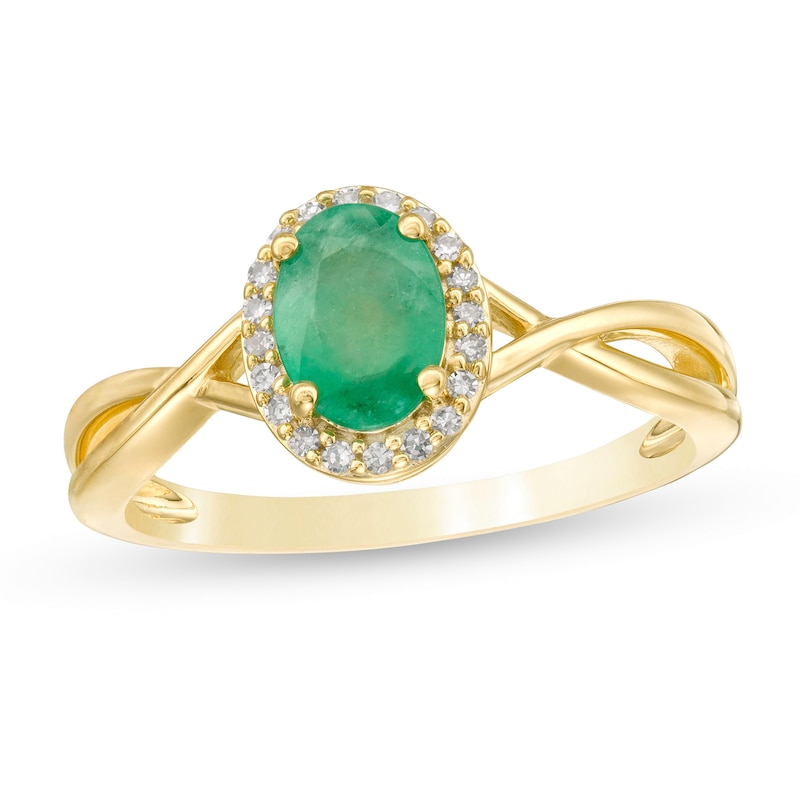 Oval Emerald and 0.08 CT. T.W. Diamond Frame Twist Shank Ring in 10K Gold