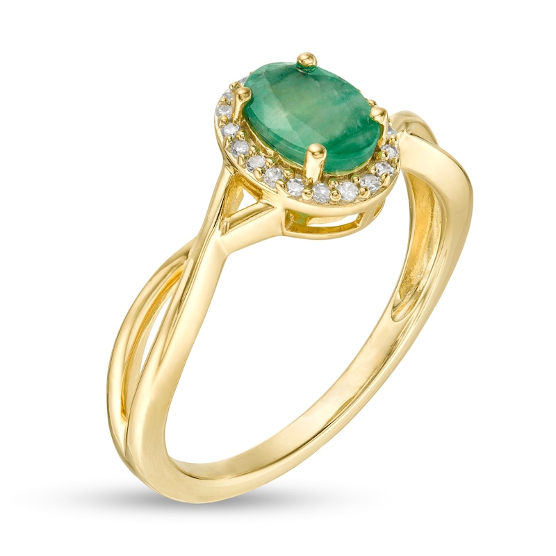 Main Image 3 of Oval Emerald and 0.08 CT. T.W. Diamond Frame Twist Shank Ring in 10K Gold