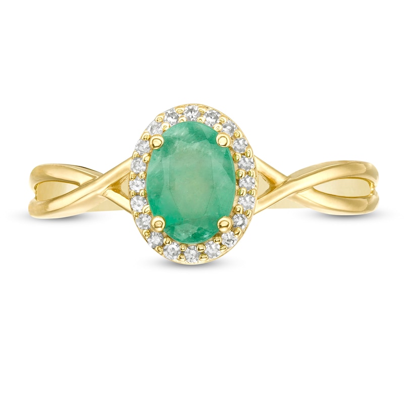 Oval Emerald and 0.08 CT. T.W. Diamond Frame Twist Shank Ring in 10K Gold