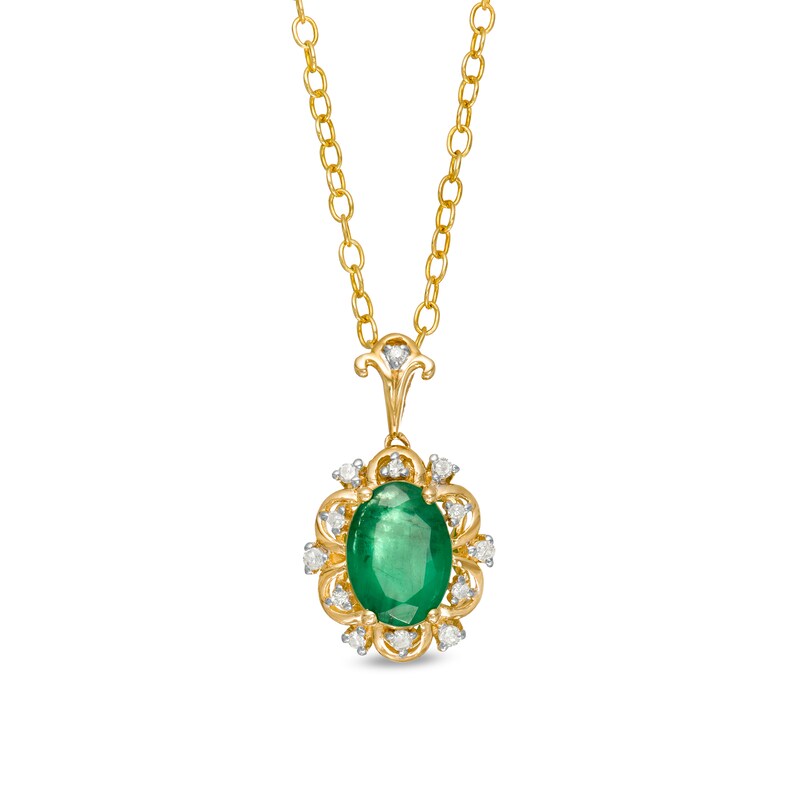 Oval Emerald and 0.05 CT. T.W. Diamond Scallop Frame Floral Drop Pendant in 10K Gold|Peoples Jewellers