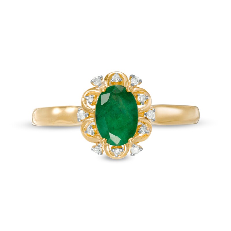 Oval Emerald and 0.04 CT. T.W. Diamond Scallop Frame Floral Ring in 10K Gold|Peoples Jewellers