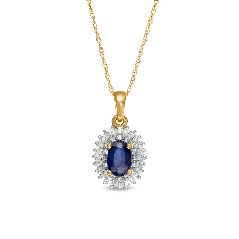 Main Image 1 of Oval Blue Sapphire and 0.19 CT. T.W. Baguette and Round Diamond Double Frame Floral Drop Pendant in 10K Gold