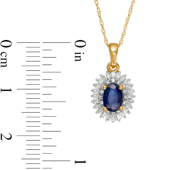 Oval Blue Sapphire and 0.19 CT. T.W. Baguette and Round Diamond Double Frame Floral Drop Pendant in 10K Gold