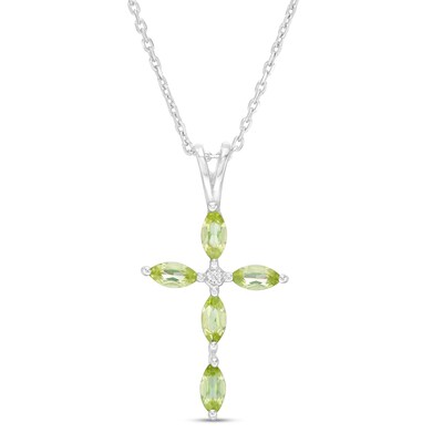 Marquise Peridot and Diamond Accent Cross Pendant in 10K White Gold