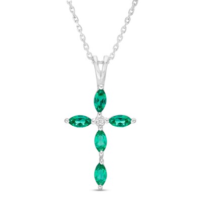 Marquise Lab-Created Emerald and Diamond Accent Cross Pendant in 10K White Gold