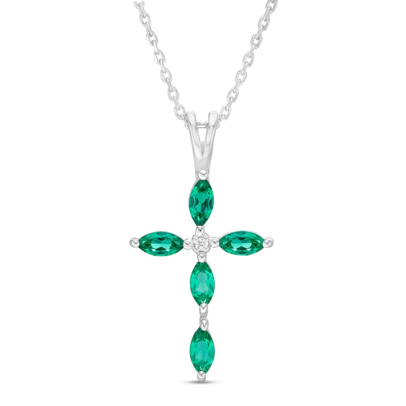 Main Image 1 of Marquise Lab-Created Emerald and Diamond Accent Cross Pendant in 10K White Gold