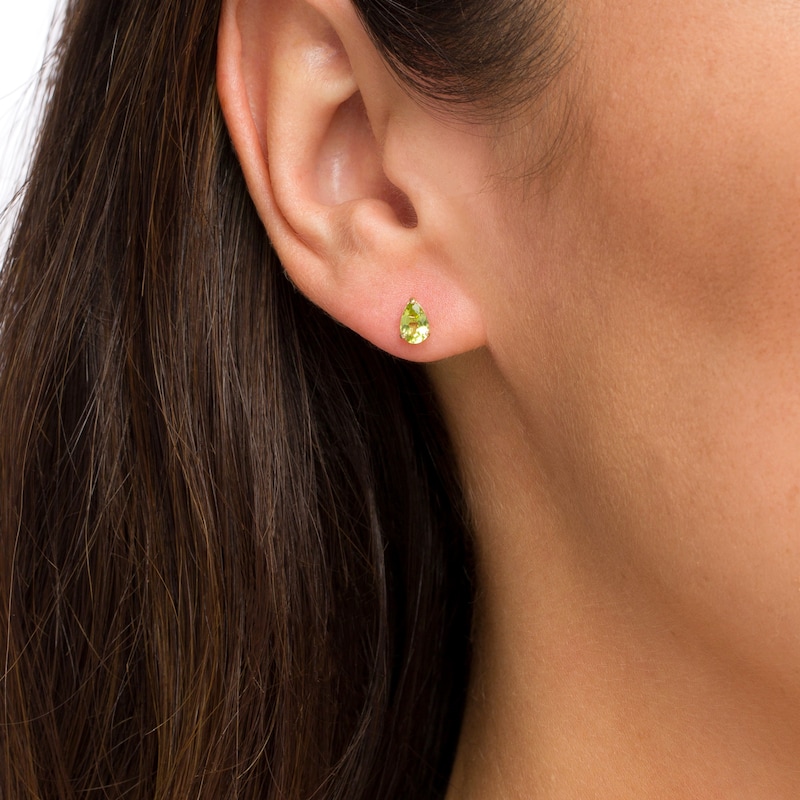 Main Image 2 of Pear-Shaped Peridot Solitaire Stud Earrings in 14K Gold