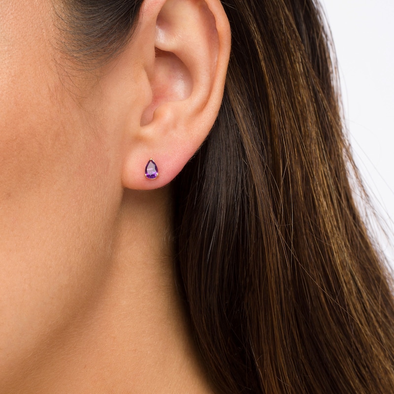 Main Image 2 of Pear-Shaped Amethyst Solitaire Stud Earrings in 14K Gold