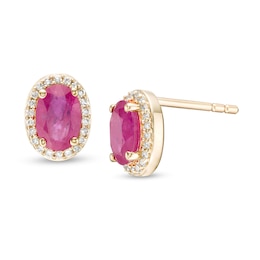 Certified Oval Ruby and 0.088 CT. T.W. Diamond Frame Stud Earrings in 10K Gold