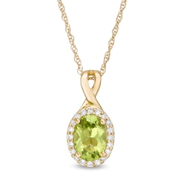Oval Peridot and 0.08 CT. T.W. Diamond Frame Twisted Split Bail Pendant in 10K Gold