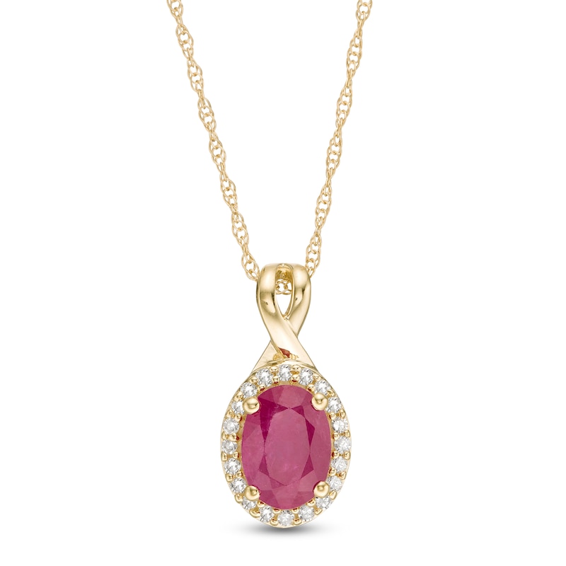 Main Image 1 of Oval Certified Ruby and 0.08 CT. T.W. Diamond Frame Twisted Split Bail Pendant in 10K Gold