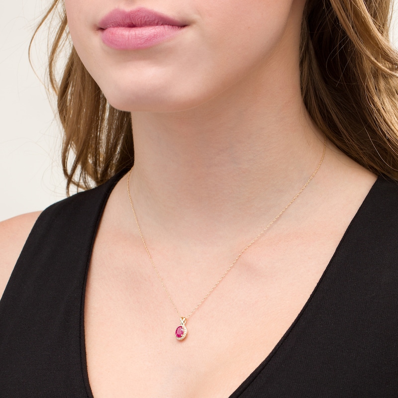Main Image 2 of Oval Certified Ruby and 0.08 CT. T.W. Diamond Frame Twisted Split Bail Pendant in 10K Gold