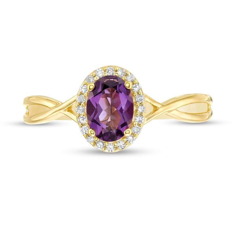 Main Image 4 of Oval Amethyst and 0.08 CT. T.W. Diamond Frame Twist Shank Ring in 10K Gold