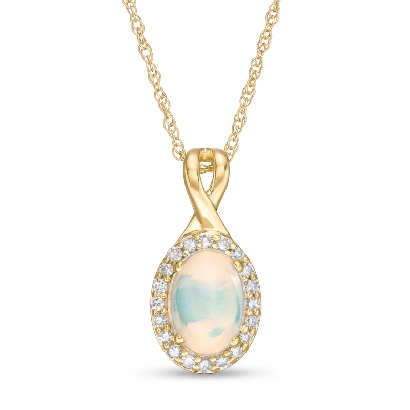 Oval Opal and 0.08 CT. T.W. Diamond Frame Twisted Split Bail Pendant in 10K Gold