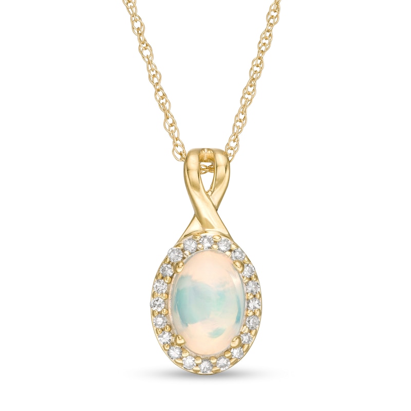Main Image 1 of Oval Opal and 0.08 CT. T.W. Diamond Frame Twisted Split Bail Pendant in 10K Gold