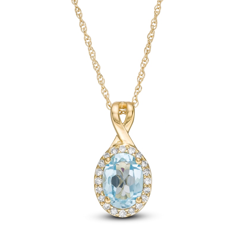 Main Image 1 of Oval Swiss Blue Topaz and 0.08 CT. T.W. Diamond Frame Twisted Split Bail Pendant in 10K Gold