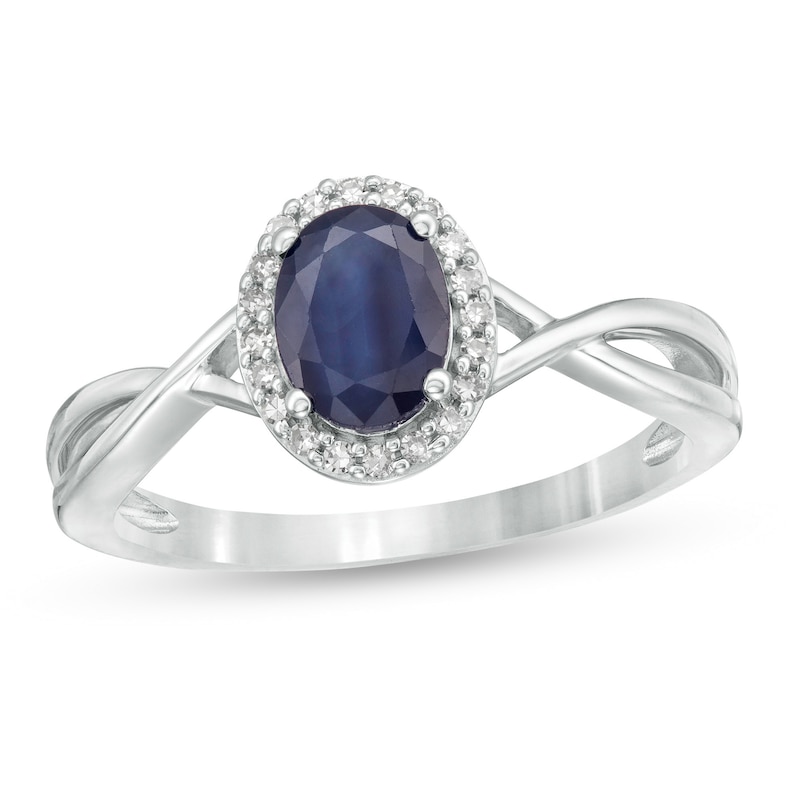 Oval Blue Sapphire and 0.08 CT. T.W. Diamond Frame Twist Shank Ring in 10K White Gold|Peoples Jewellers