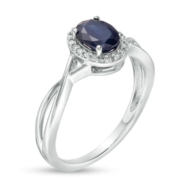 Main Image 3 of Oval Blue Sapphire and 0.08 CT. T.W. Diamond Frame Twist Shank Ring in 10K White Gold