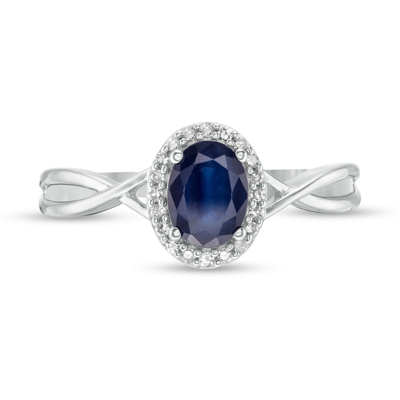 Main Image 4 of Oval Blue Sapphire and 0.08 CT. T.W. Diamond Frame Twist Shank Ring in 10K White Gold