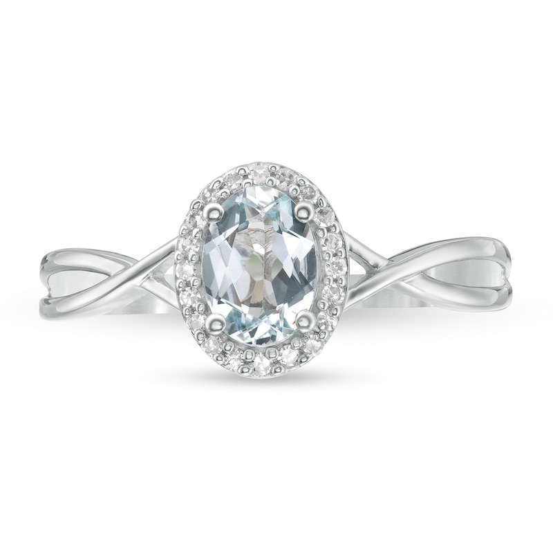 Main Image 4 of Oval Aquamarine and 0.08 CT. T.W. Diamond Frame Twist Shank Ring in 10K White Gold
