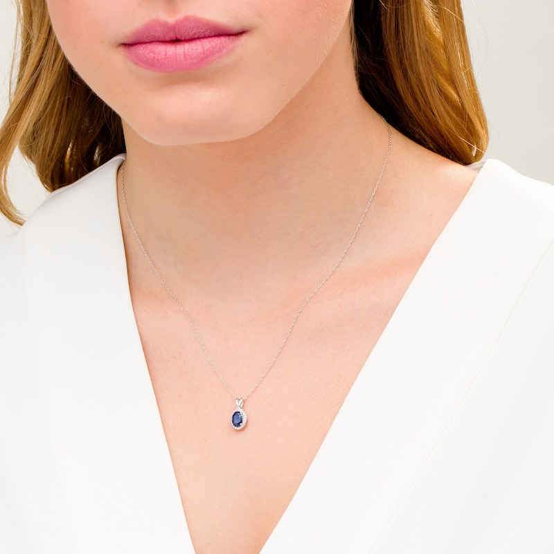 Main Image 2 of Oval Blue Sapphire and 0.08 CT. T.W. Diamond Frame Twisted Split Bail Pendant in 10K White Gold