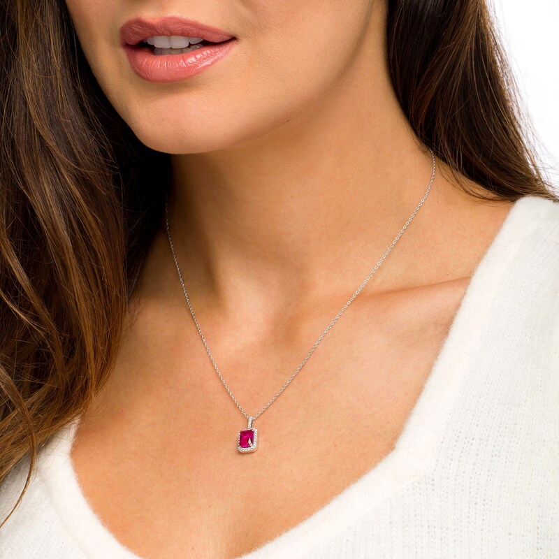 Emerald-Cut Lab-Created Ruby and White Sapphire Octagonal Frame Drop Pendant in Sterling Silver