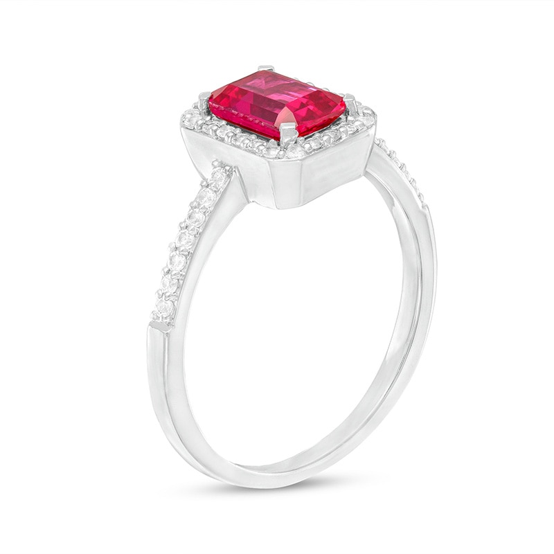 Emerald-Cut Lab-Created Ruby and White Sapphire Octagonal Frame Ring in Sterling Silver