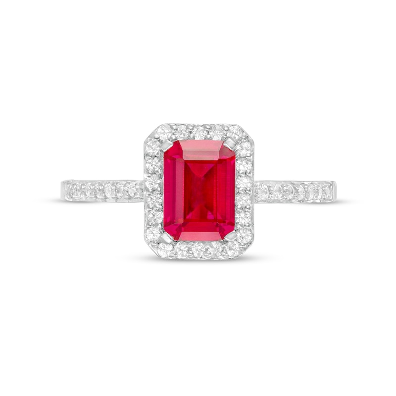 Emerald-Cut Lab-Created Ruby and White Sapphire Octagonal Frame Ring in Sterling Silver