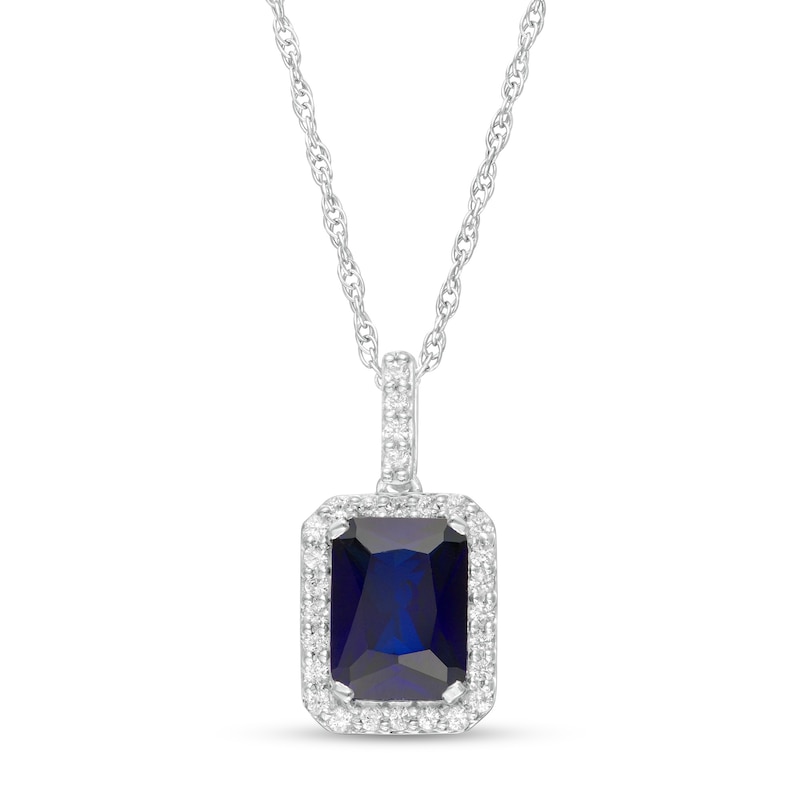 Main Image 1 of Emerald-Cut Lab-Created Blue and White Sapphire Octagonal Frame Drop Pendant in Sterling Silver