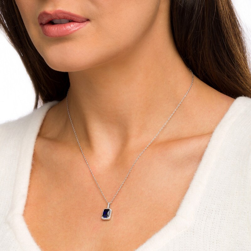 Main Image 2 of Emerald-Cut Lab-Created Blue and White Sapphire Octagonal Frame Drop Pendant in Sterling Silver