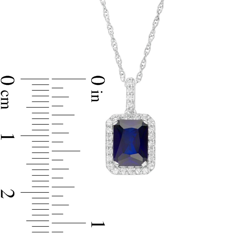 Main Image 3 of Emerald-Cut Lab-Created Blue and White Sapphire Octagonal Frame Drop Pendant in Sterling Silver