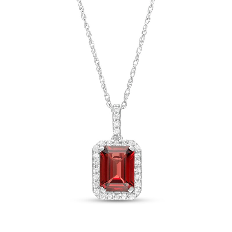 Emerald-Cut Simulated Garnet and Lab-Created White Sapphire Octagonal Frame Drop Pendant in Sterling Silver