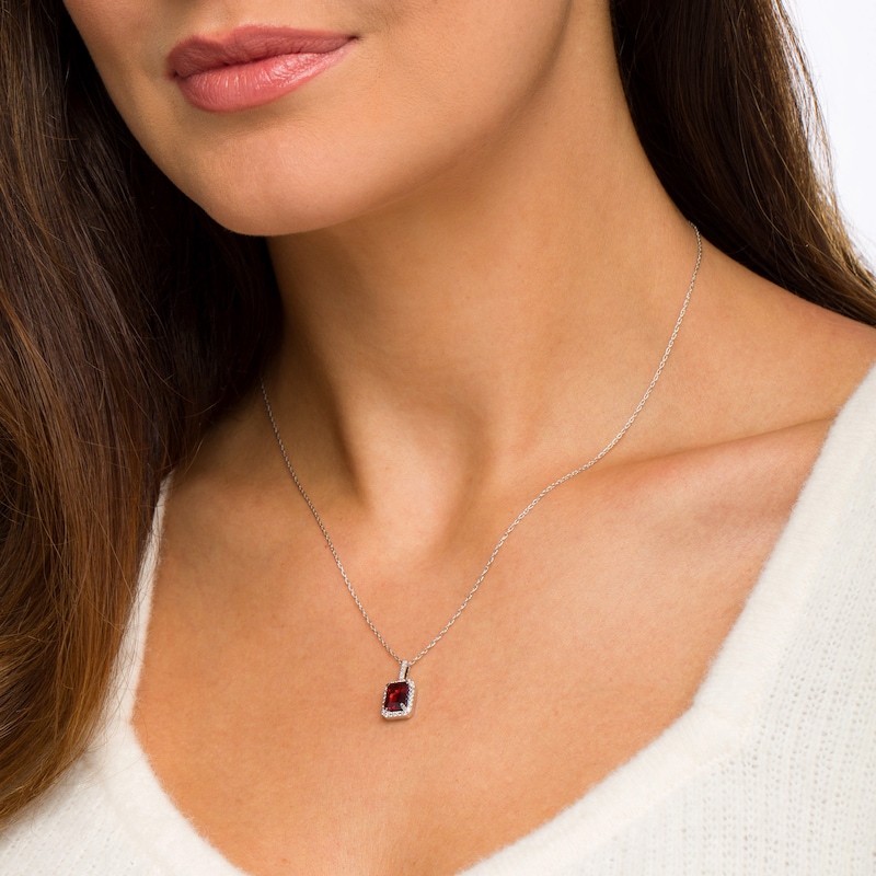 Emerald-Cut Simulated Garnet and Lab-Created White Sapphire Octagonal Frame Drop Pendant in Sterling Silver