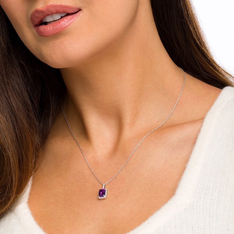 Emerald-Cut Lab-Created Amethyst and White Sapphire Octagonal Frame Drop Pendant in Sterling Silver