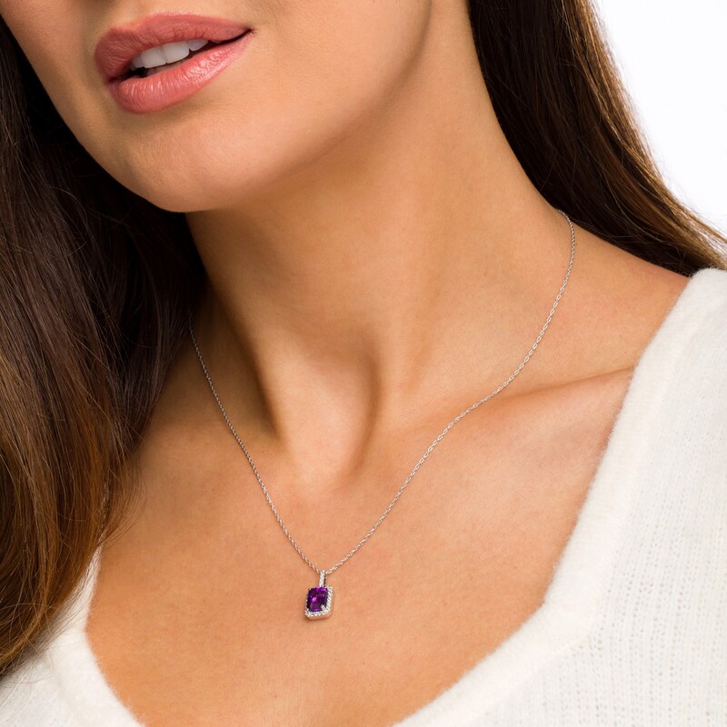 Emerald-Cut Lab-Created Amethyst and White Sapphire Octagonal Frame Drop Pendant in Sterling Silver