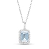 Thumbnail Image 0 of Emerald-Cut Simulated Aquamarine and Lab-Created White Sapphire Octagonal Frame Drop Pendant in Sterling Silver