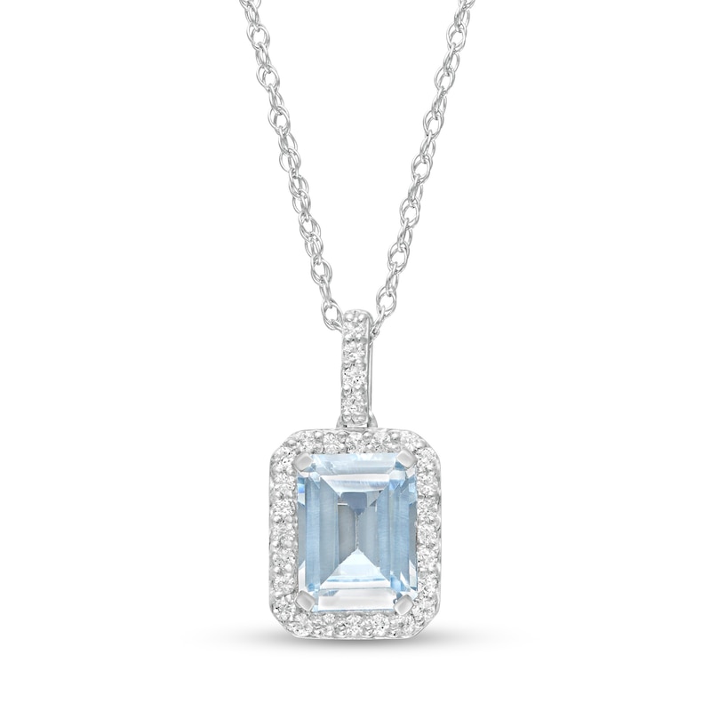 Emerald-Cut Simulated Aquamarine and Lab-Created White Sapphire Octagonal Frame Drop Pendant in Sterling Silver