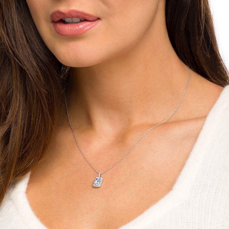 Main Image 2 of Emerald-Cut Simulated Aquamarine and Lab-Created White Sapphire Octagonal Frame Drop Pendant in Sterling Silver