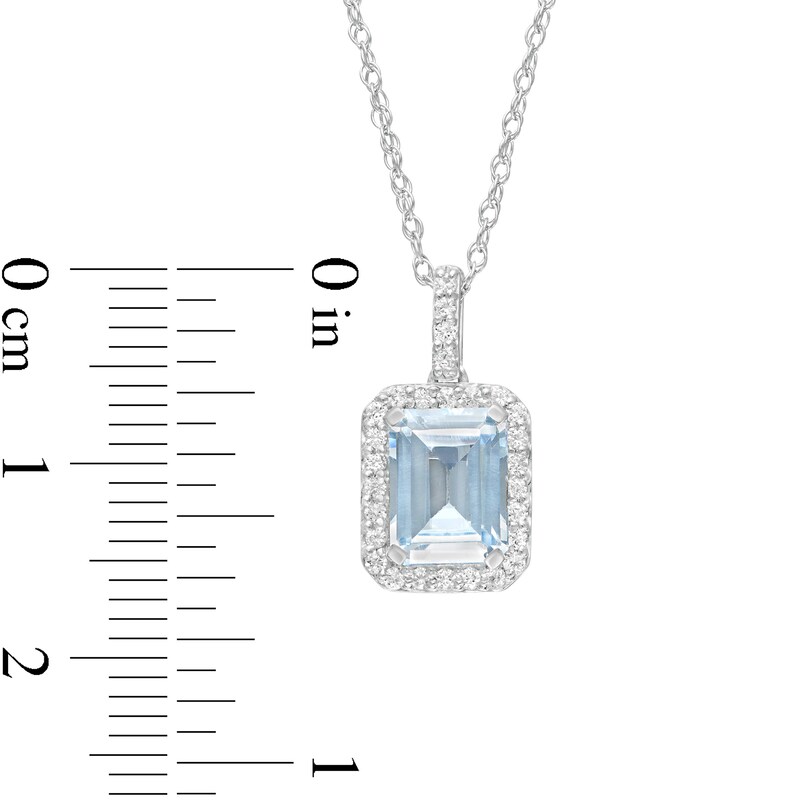 Main Image 3 of Emerald-Cut Simulated Aquamarine and Lab-Created White Sapphire Octagonal Frame Drop Pendant in Sterling Silver