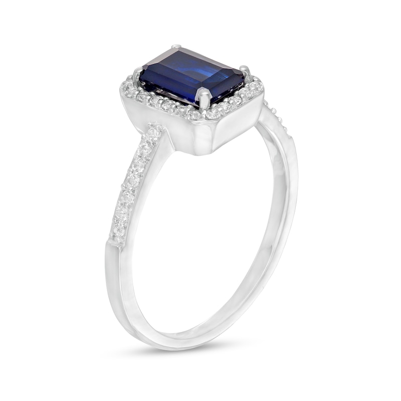 Emerald-Cut Lab-Created Blue and White Sapphire Octagonal Frame Ring in Sterling Silver