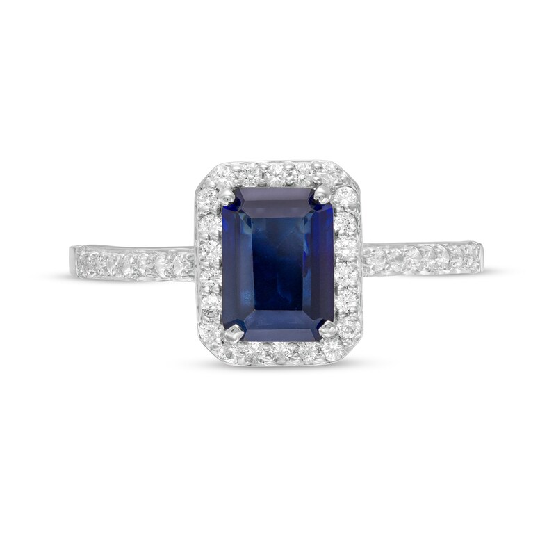 Emerald-Cut Lab-Created Blue and White Sapphire Octagonal Frame Ring in Sterling Silver