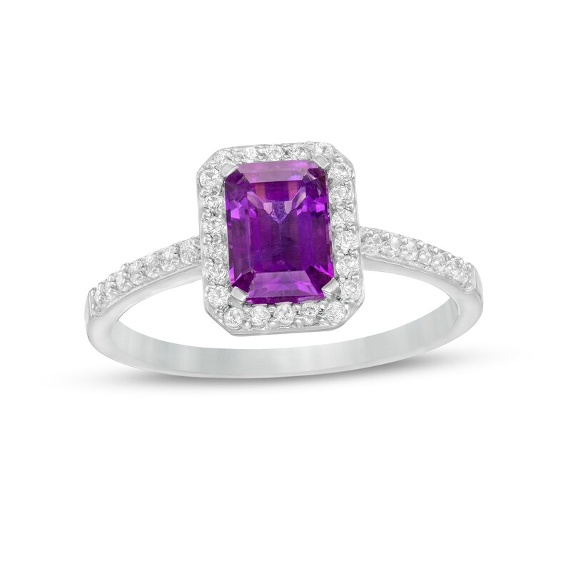 Main Image 1 of Emerald-Cut Lab-Created Amethyst and White Sapphire Octagonal Frame Ring in Sterling Silver