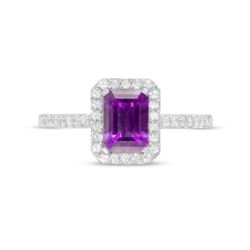 Main Image 4 of Emerald-Cut Lab-Created Amethyst and White Sapphire Octagonal Frame Ring in Sterling Silver
