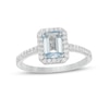 Thumbnail Image 1 of Emerald-Cut Simulated Aquamarine and White Lab-Created Sapphire Octagonal Frame Ring in Sterling Silver