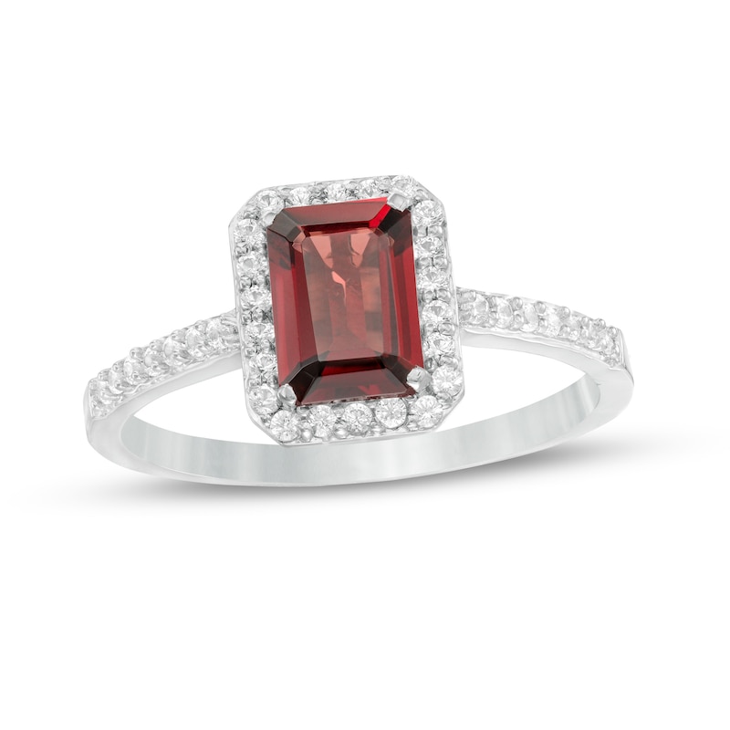 Emerald-Cut Simulated Garnet and Lab-Created White Sapphire Octagonal Frame Ring in Sterling Silver