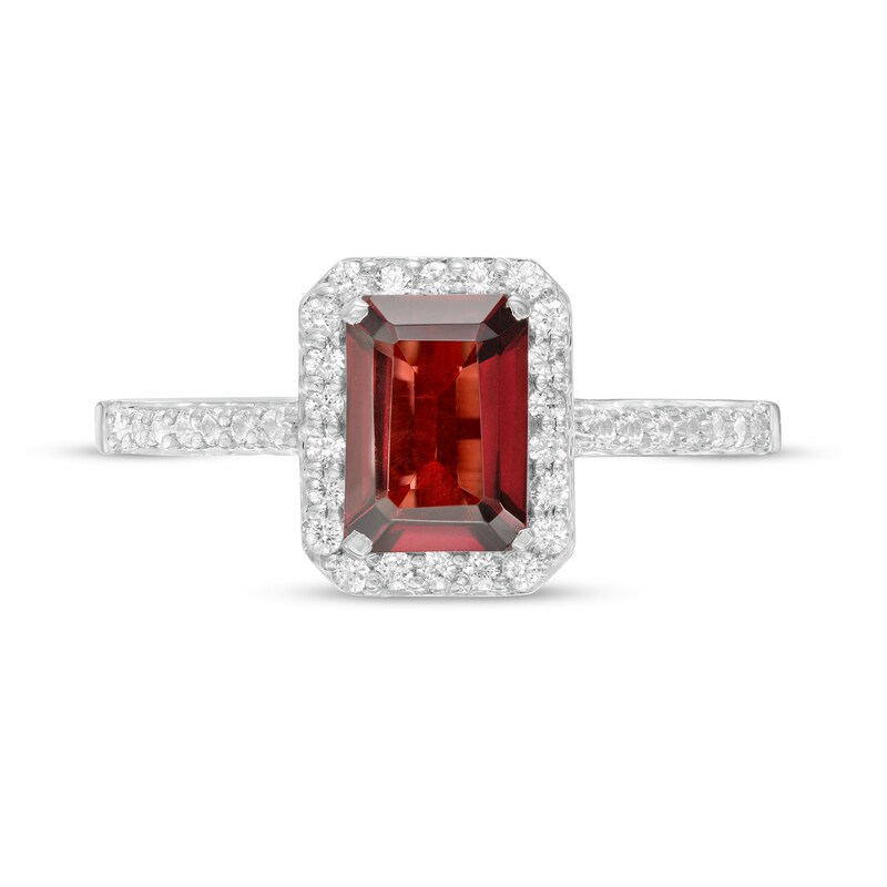 Emerald-Cut Simulated Garnet and Lab-Created White Sapphire Octagonal Frame Ring in Sterling Silver