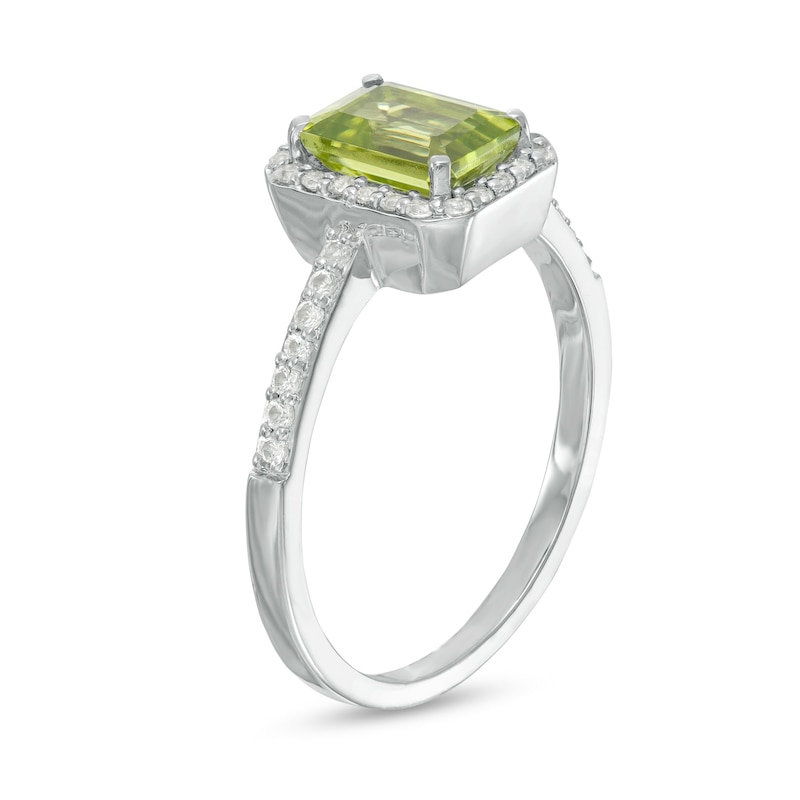 Emerald-Cut Simulated Peridot and White Lab-Created Sapphire Octagonal Frame Ring in Sterling Silver