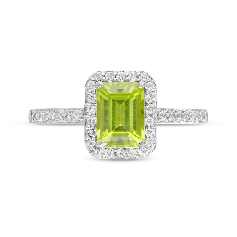 Emerald-Cut Simulated Peridot and White Lab-Created Sapphire Octagonal Frame Ring in Sterling Silver