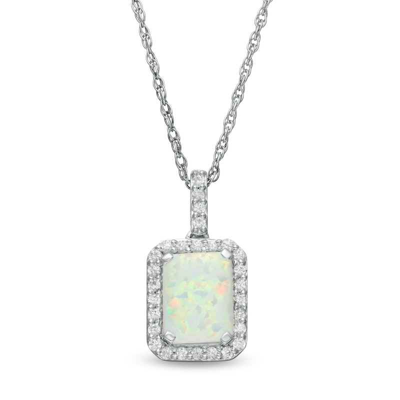 Emerald-Cut Lab-Created Opal and White Sapphire Octagonal Frame Drop Pendant in Sterling Silver