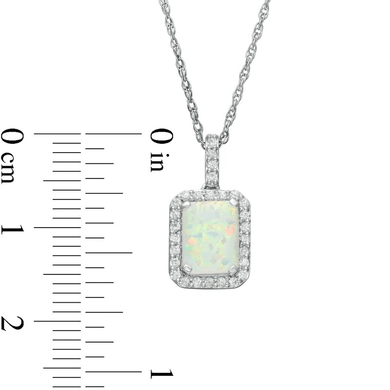 Main Image 3 of Emerald-Cut Lab-Created Opal and White Sapphire Octagonal Frame Drop Pendant in Sterling Silver